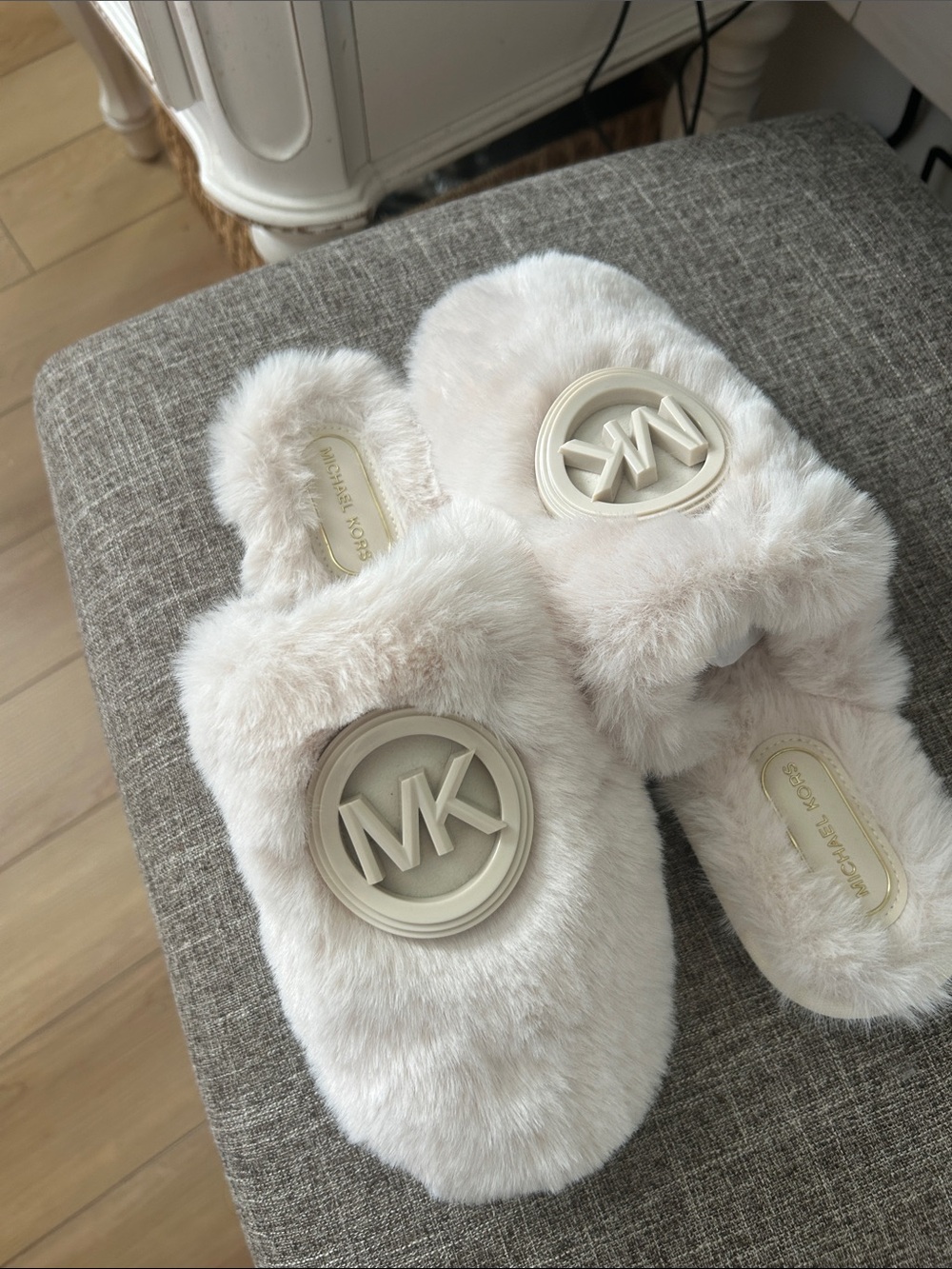 Michael Kors Cream Faux Fur MK Logo Slide Slippers